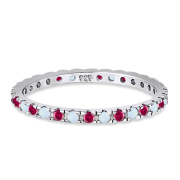 Stackable Band Wedding Ring Round Full Eternity Lab White Opal & Simulated Ruby CZ 925 Sterling Silver